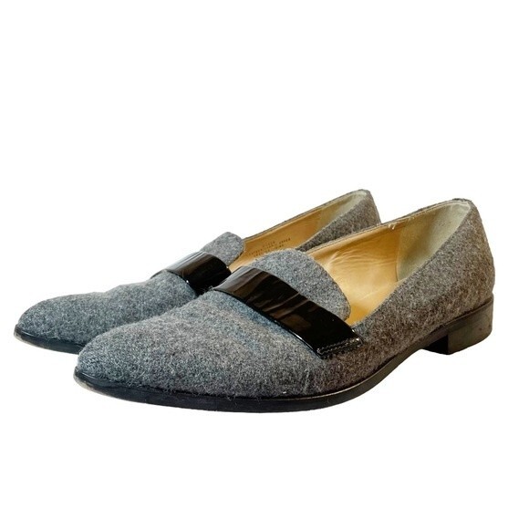 J. Crew Flats Gray Felted Wool Black Patent Leather Loafers Womens Size 8 Preppy - Picture 4 of 14